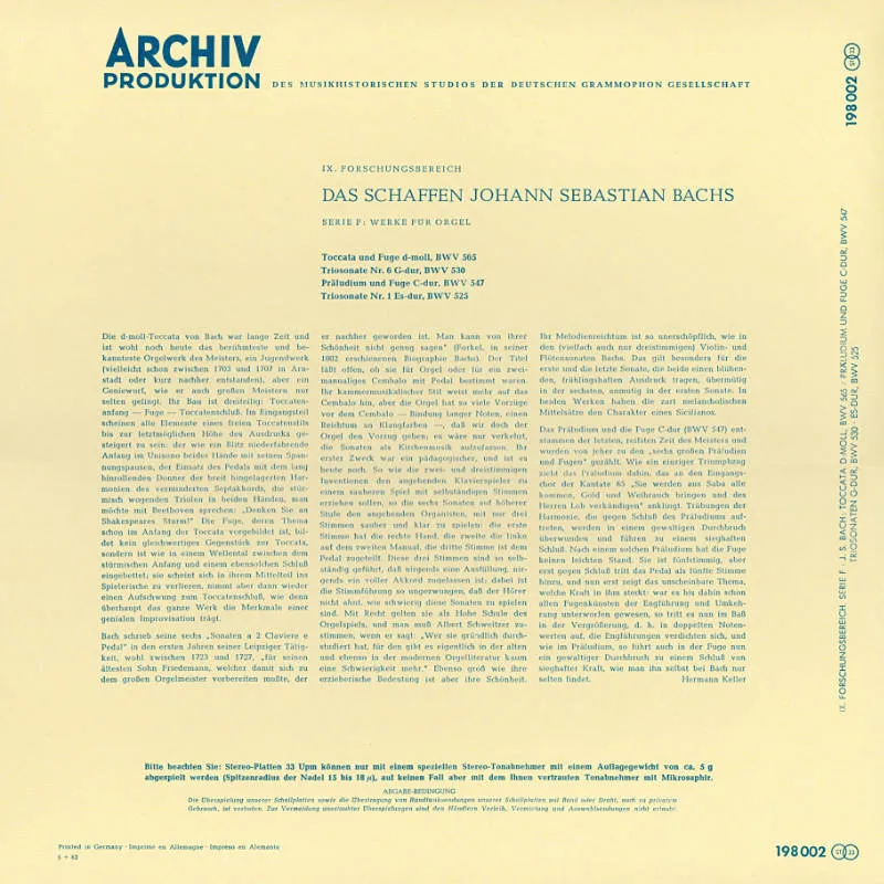 Revox Bach Organ Works masterband Walcha orgel