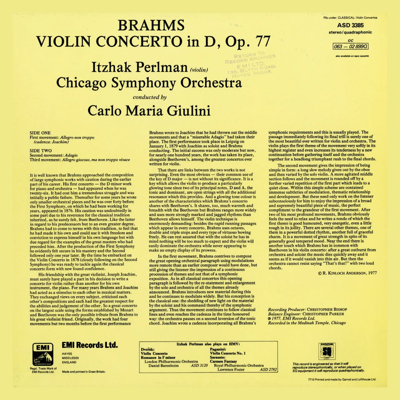 Perlman Brahms Violin Concerto masterband fiol