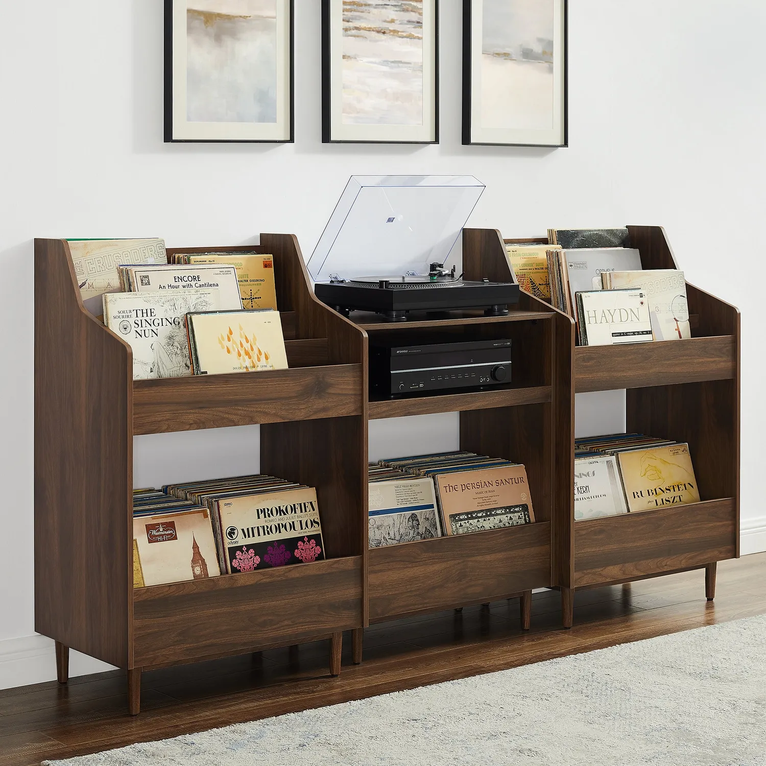 Crosley Liam skivspelarstativ valnöt 3-delar vinylhylla