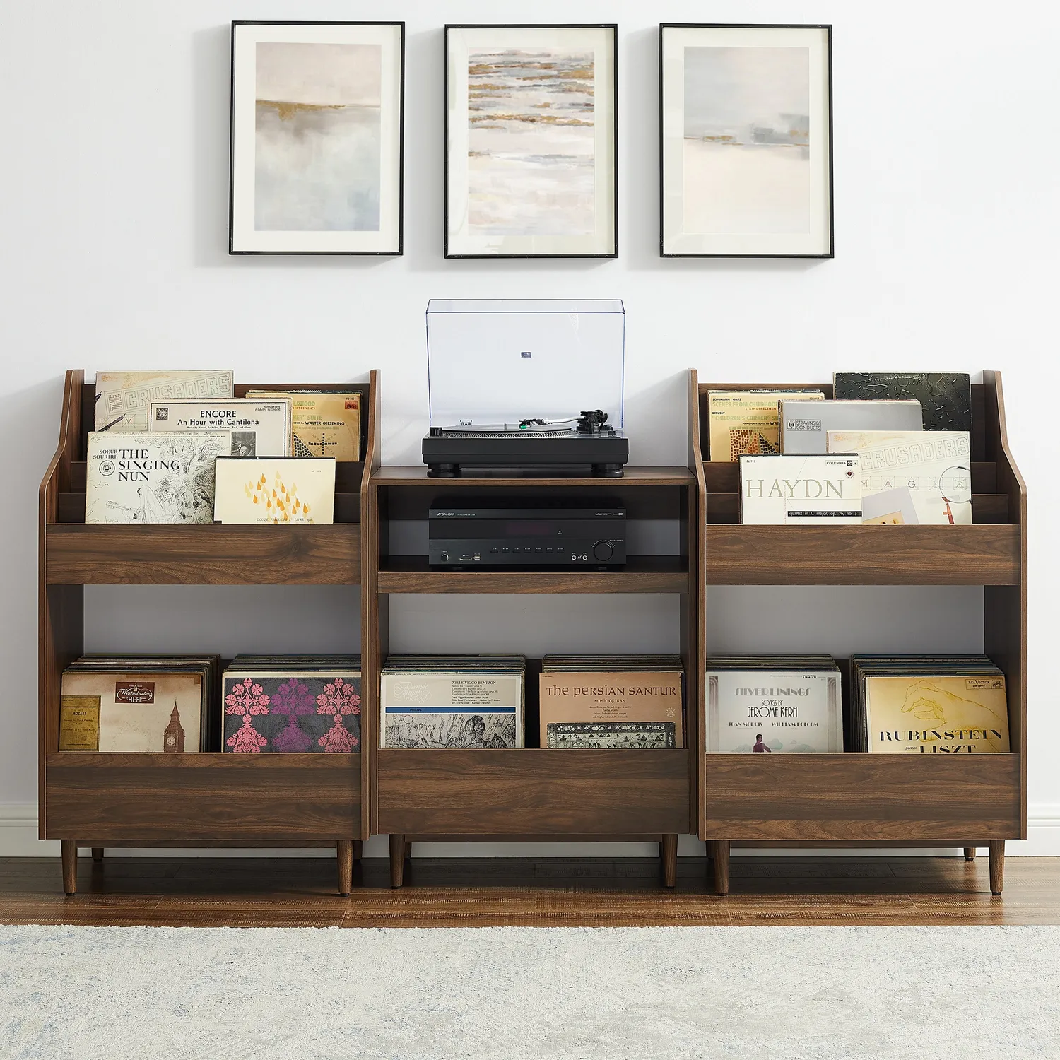 Crosley Liam skivspelarstativ valnöt 3-delar vinylhylla