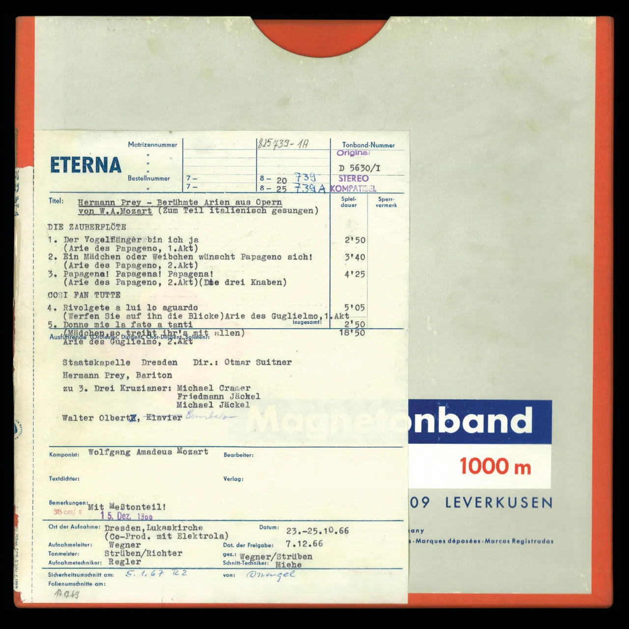 Revox Mozart Arias Hermann Prey masterband Standard Master