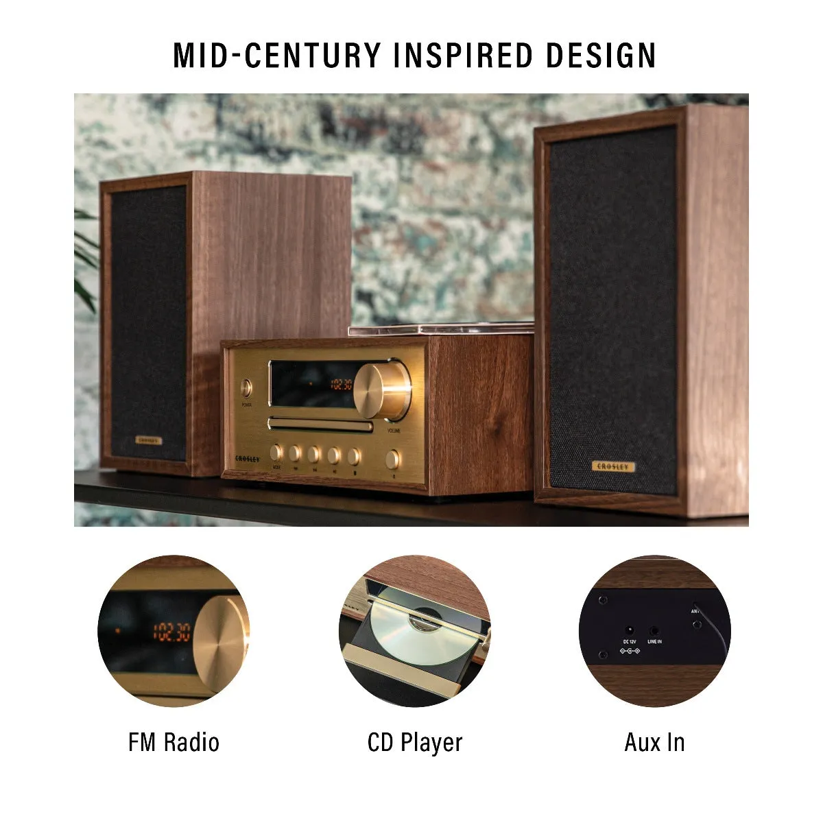 Crosley Parker CD-spelare valnöt med högtalare Bluetooth