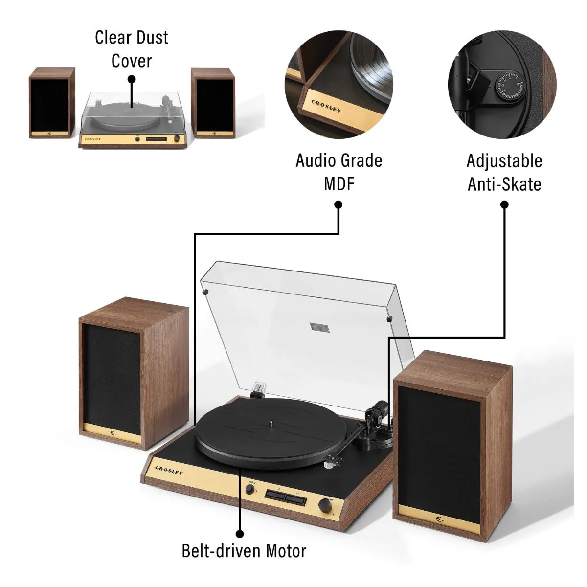 Crosley C72 skivspelare med högtalare valnöt Bluetooth