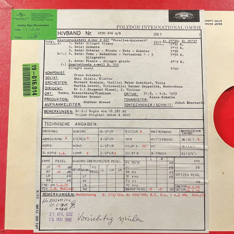 Revox Schubert Trout Quintet masterband Standard Master CCIR