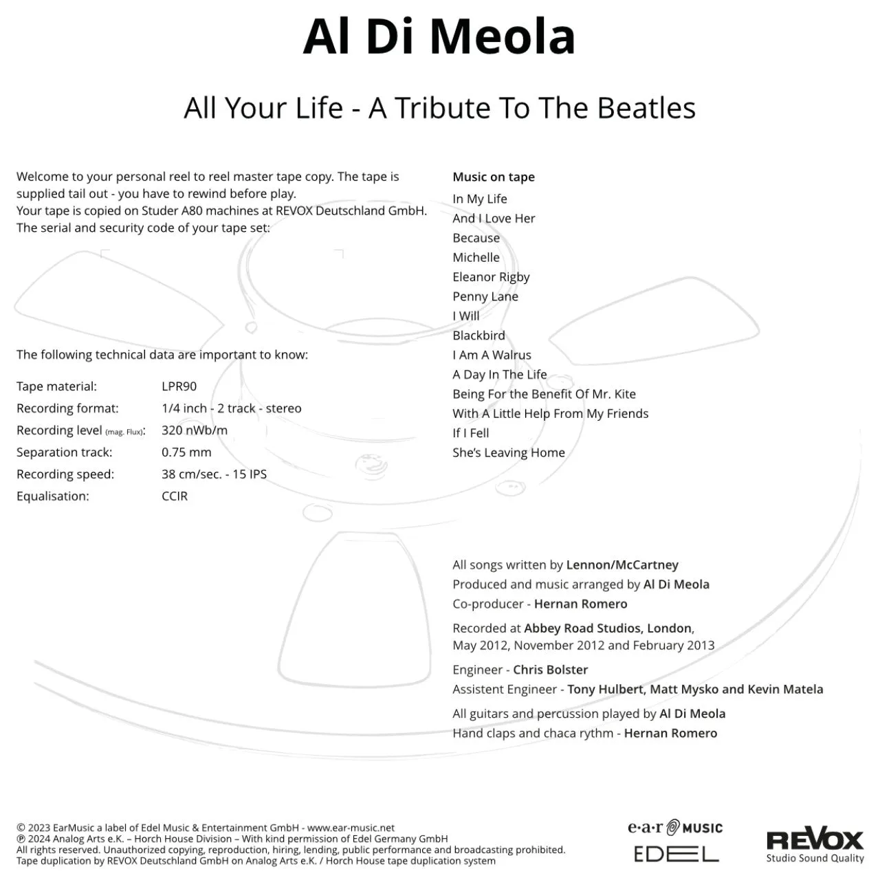 Revox Al Di Meola All Your Life masterband