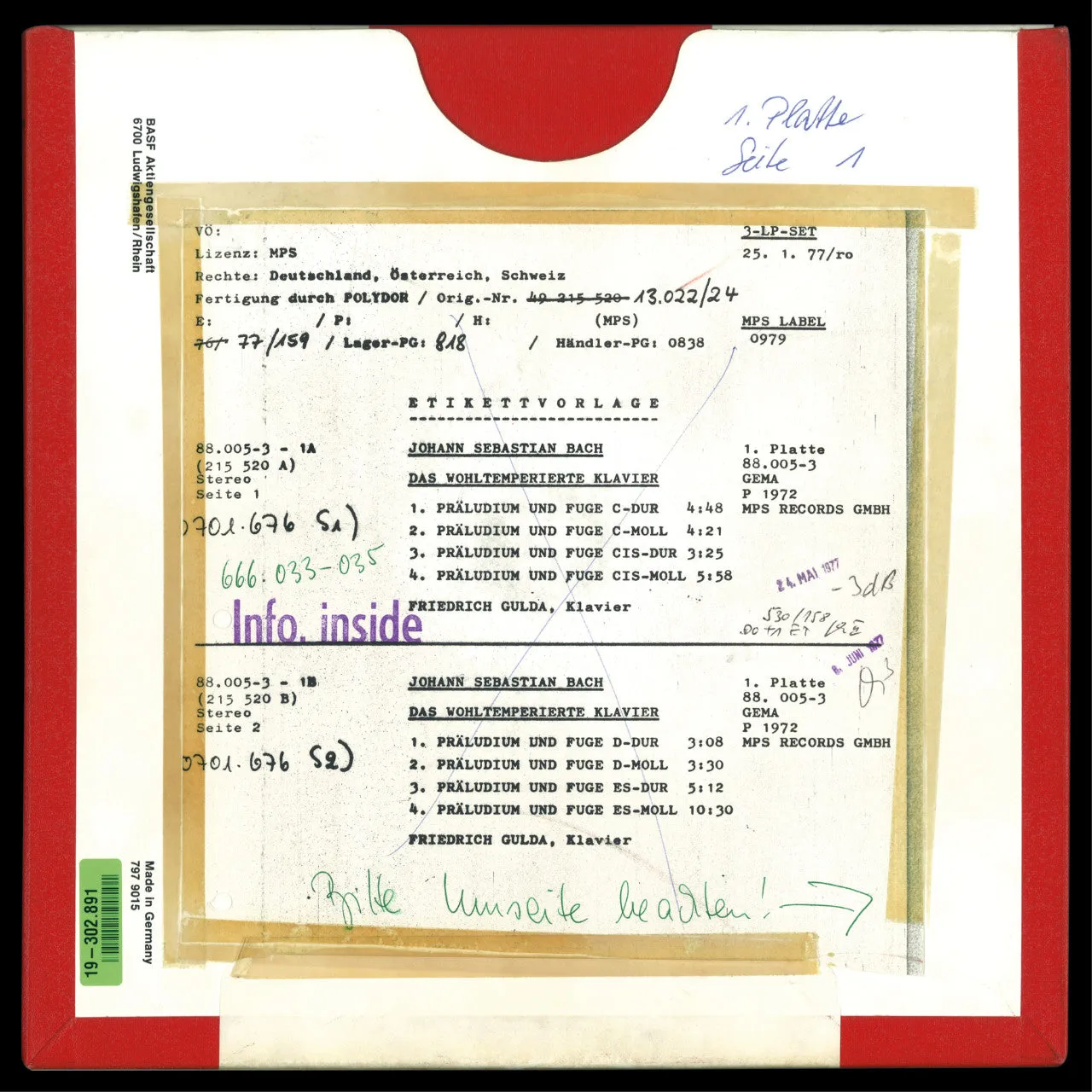 Revox Friedrich Gulda Well-Tempered Clavier masterband Del 1