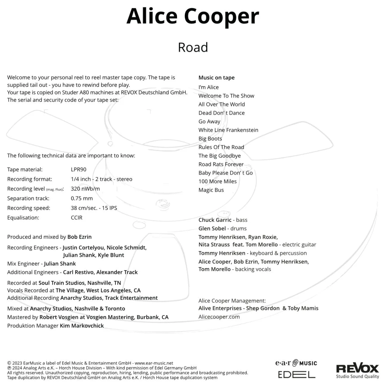 Revox Alice Cooper Road masterband Studio Master CCIR