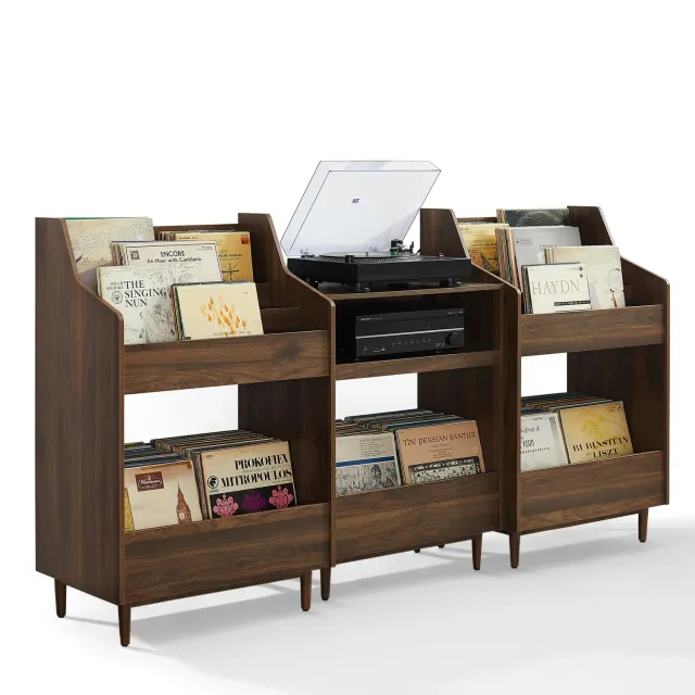 Crosley Liam skivspelarstativ valnöt 3-delar vinylhylla