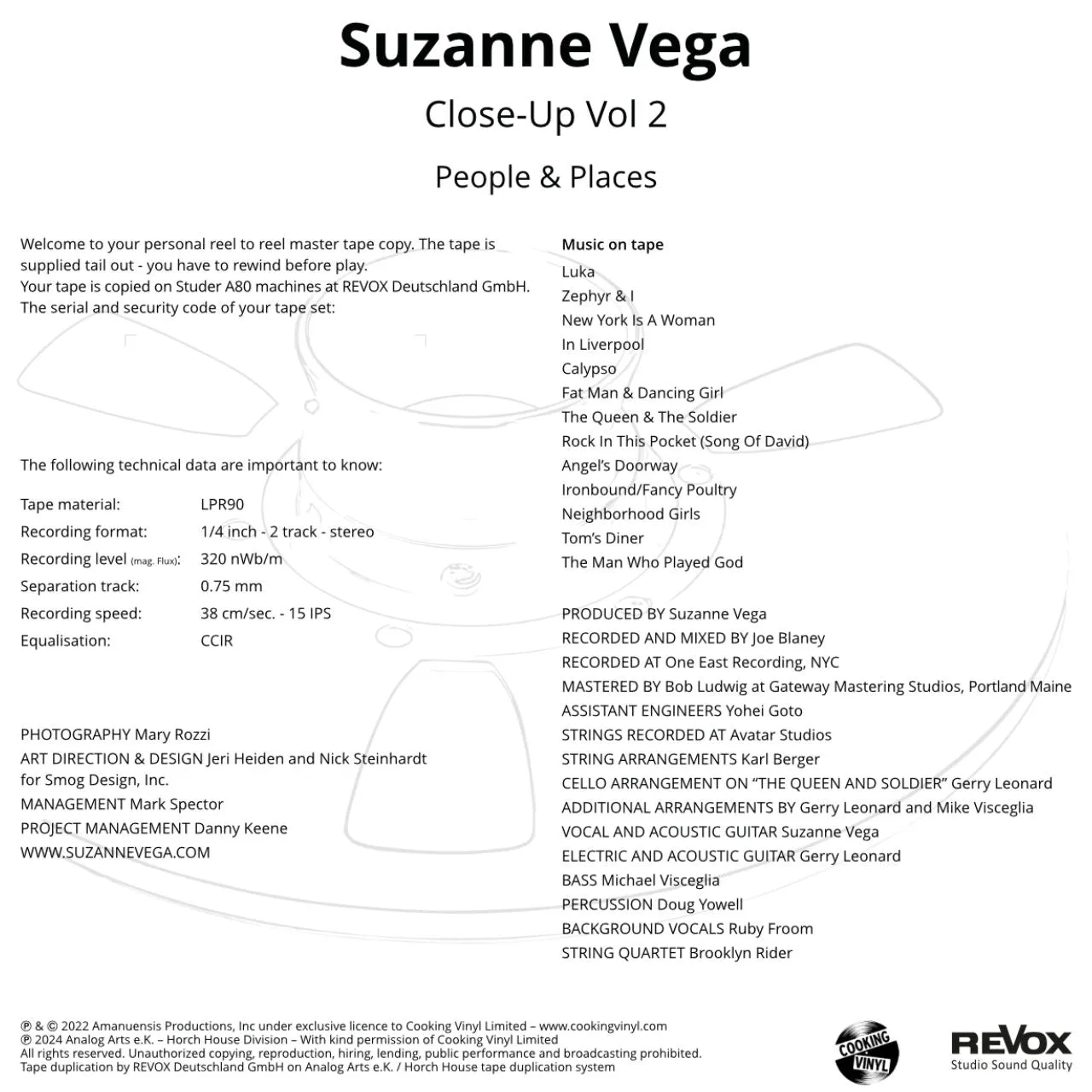 Revox Suzanne Vega Close Up Vol 2 masterband studio