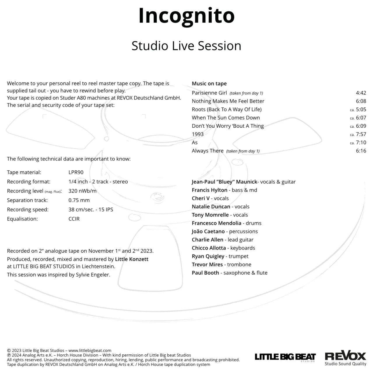 Revox Incognito Studio Live Session masterband