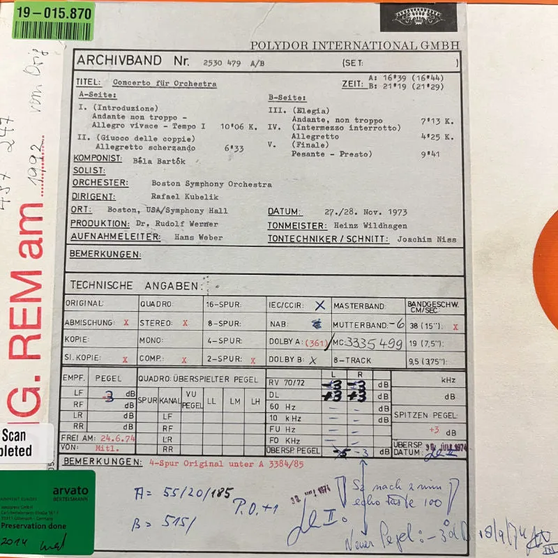 Revox Bartók Concerto for Orchestra masterband Kubelik