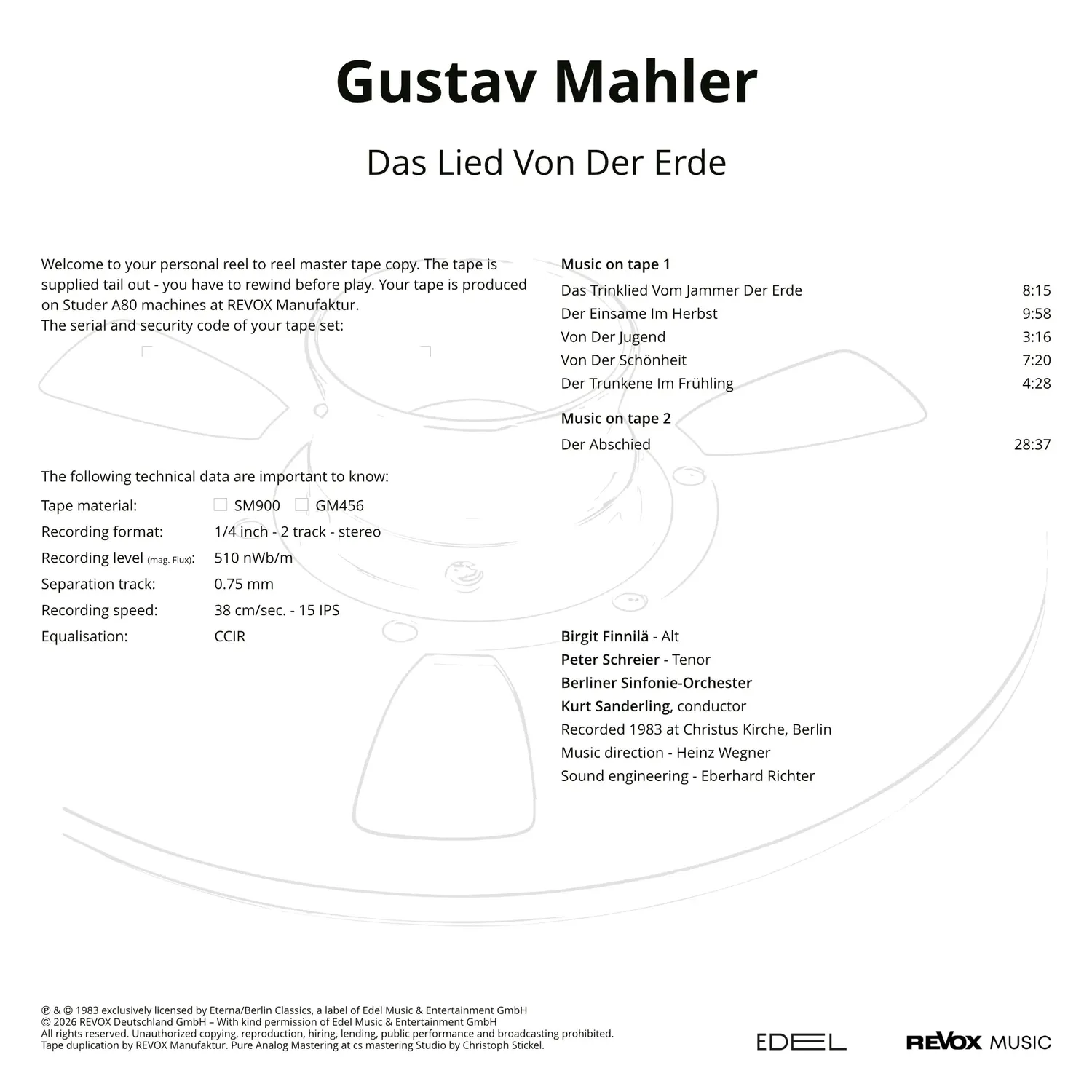 Revox Mahler Jordens sång masterband Standard CCIR