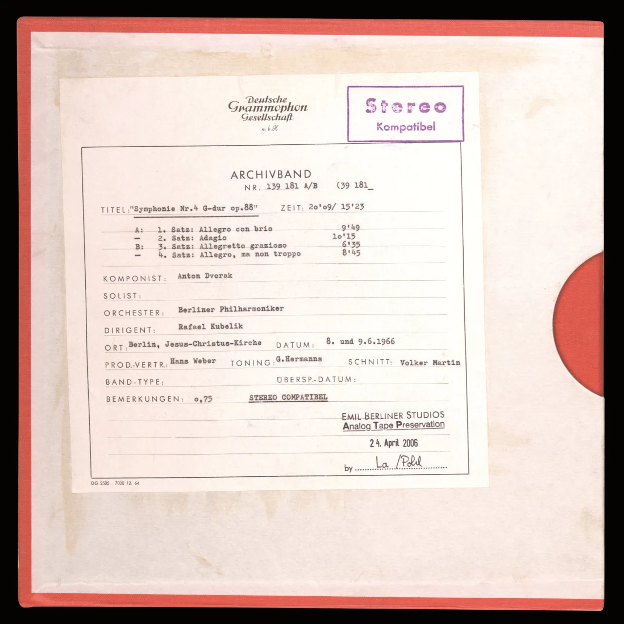 Revox Dvorak Symfoni 8 Kubelik masterband Standard